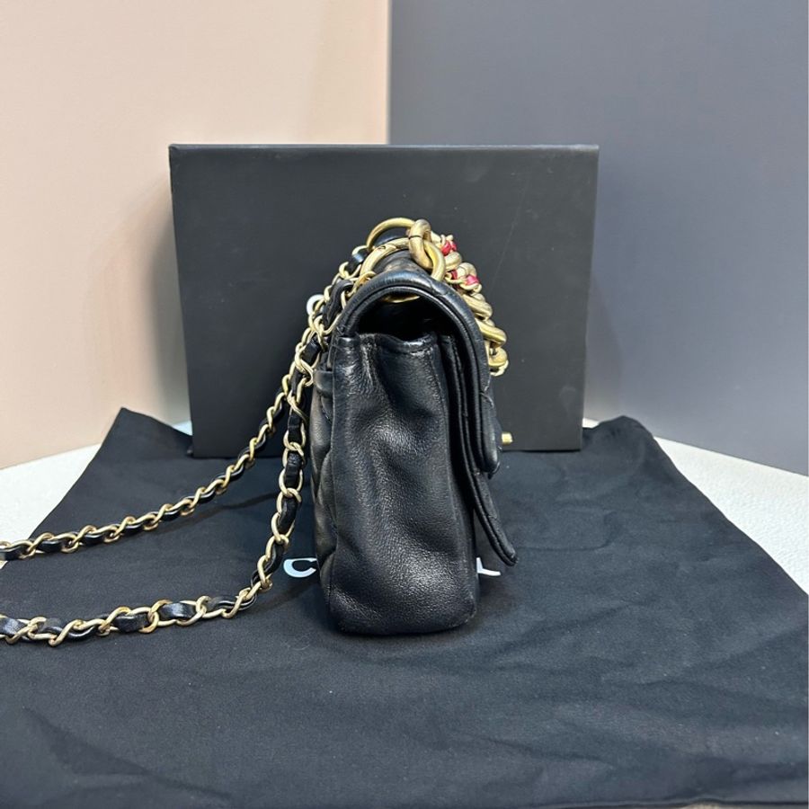 Chanel香奈兒!19B黑金羊皮粗鏈小號豆腐包鏈條包,尺寸約20×16×5cm,28開無卡,可手提-2