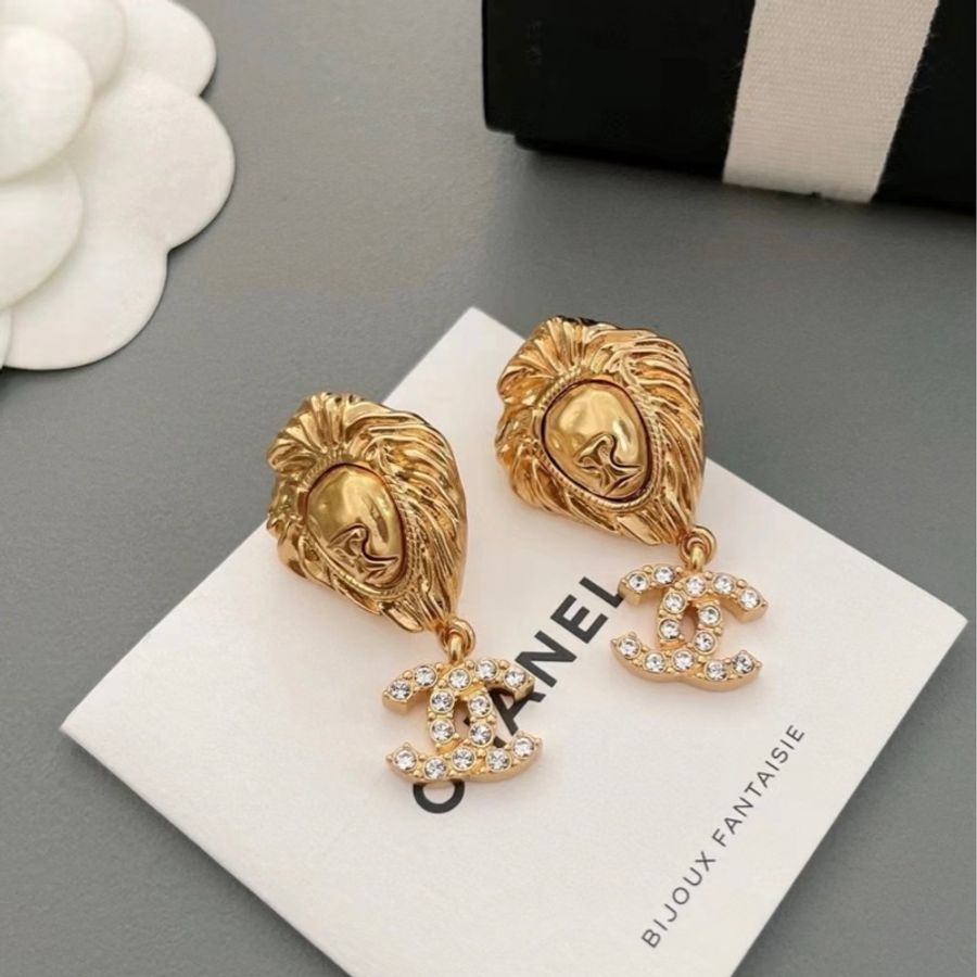 Chanel香奈兒耳環 chanel耳釘埃及閃鑽雙C吊墜獅子耳釘-0