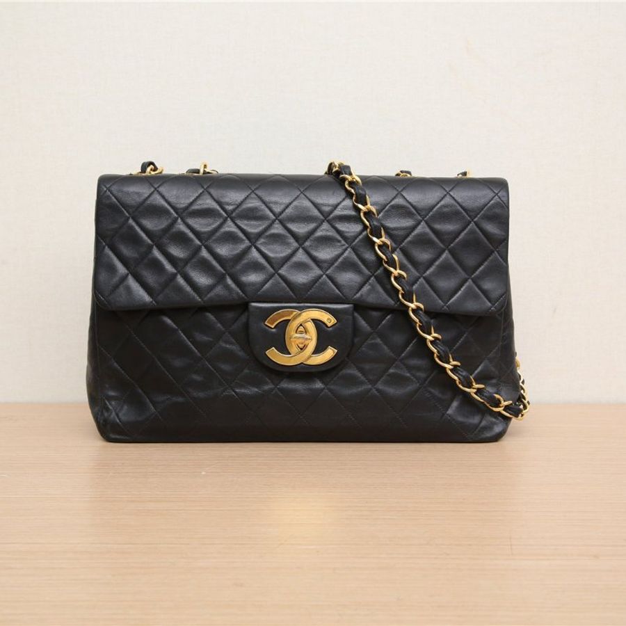 CHANEL 中古黑金羊貝嫂34羊皮2開肩背包-0
