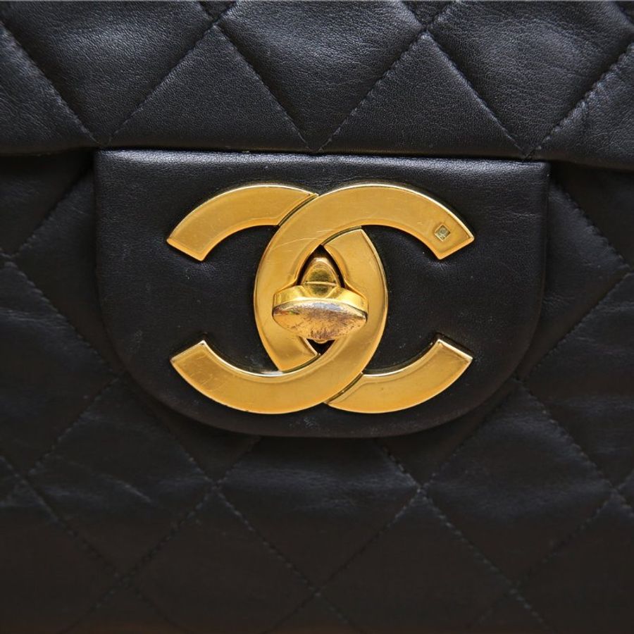 CHANEL 中古黑金羊貝嫂34羊皮2開肩背包-5