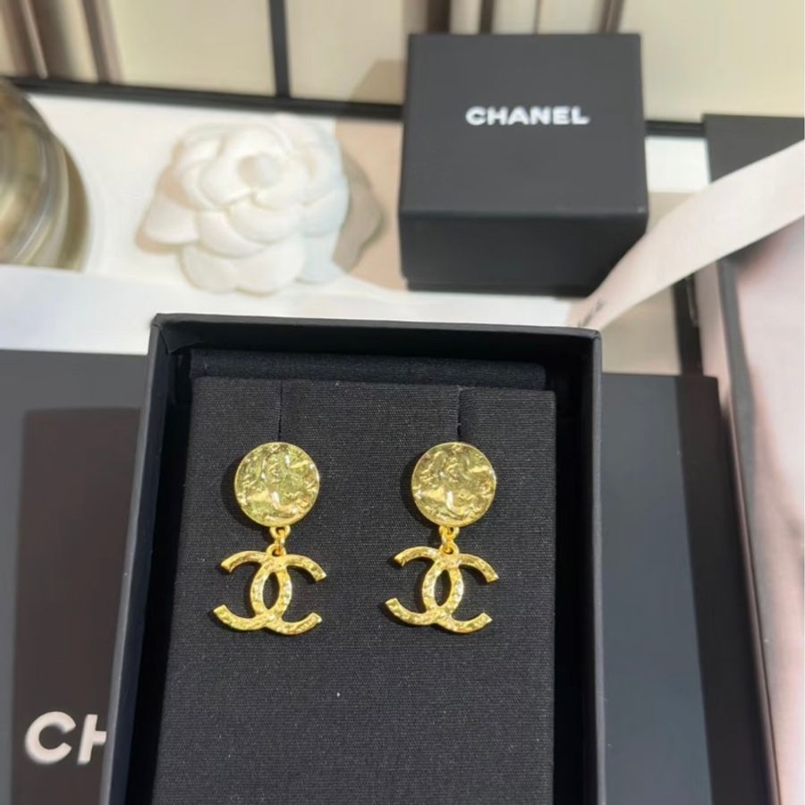 Chanel香奈兒24C金色熔岩雙C吊墜耳釘成色98新-0