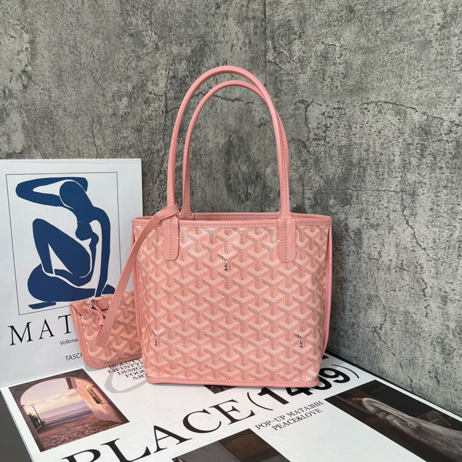 🌸GOYARD 戈雅 mini 櫻花粉 雙面雙色Y字老花滿印 帆布拼小牛皮 子母包 手提包單肩包托特包-1