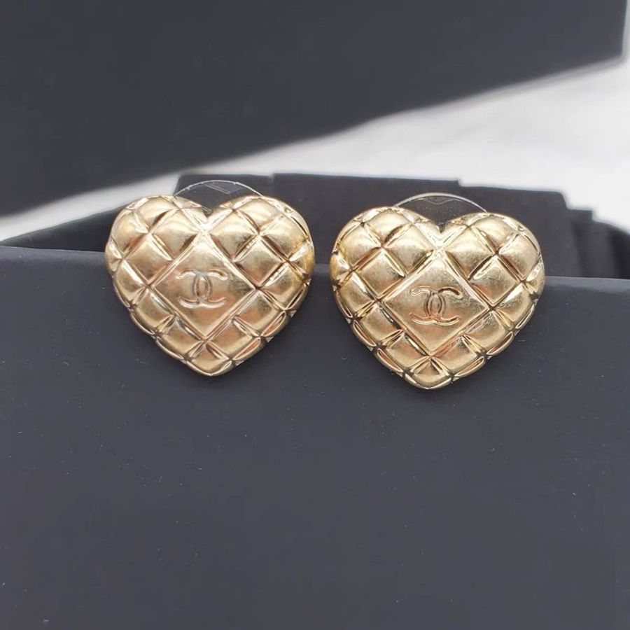 Chanel香奈兒耳環21P金色菱格紋磨砂愛心雙C耳環 耳墜 耳釘-3