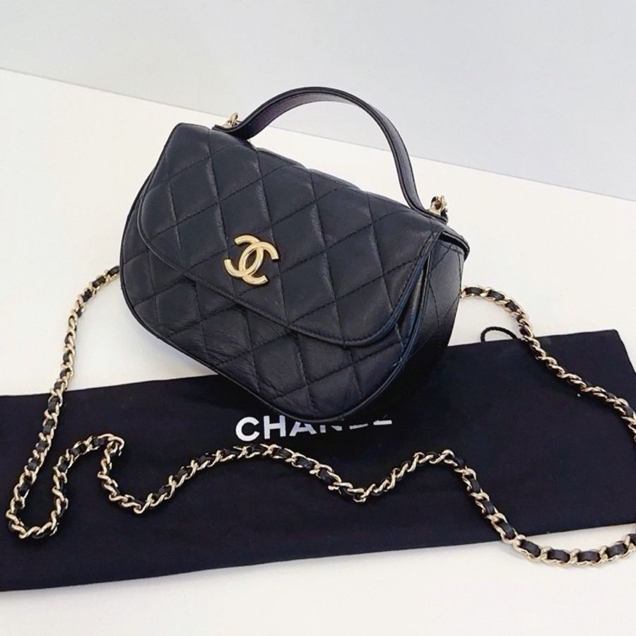 CHANEL香奈兒23 A黑金半月牛皮菱格馬鞍包元寶包🌕芯片款-16
