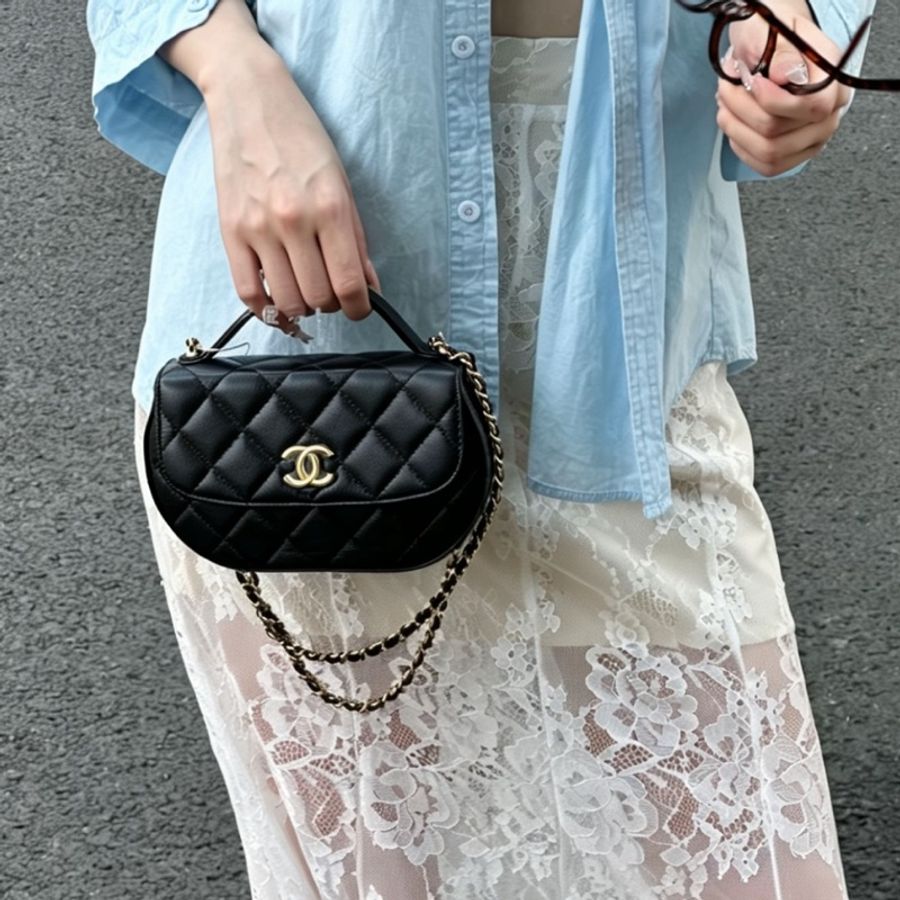 CHANEL香奈兒23 A黑金半月牛皮菱格馬鞍包元寶包🌕芯片款-25