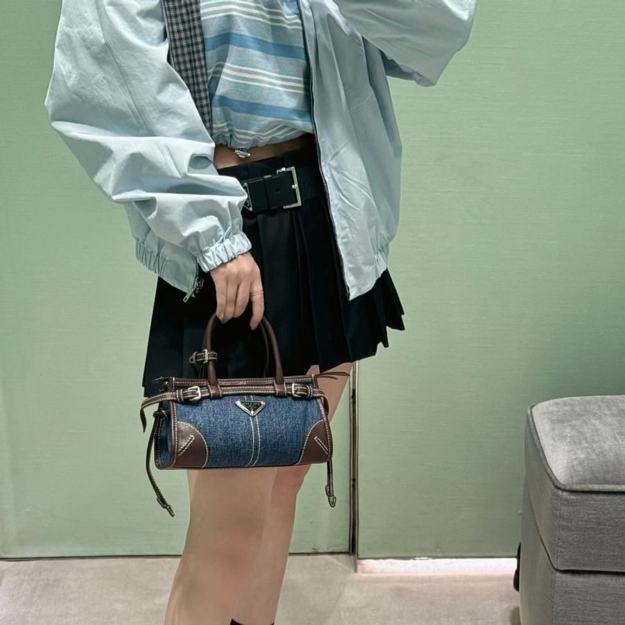 Prada 普拉達 芯片款 mini Bonnie 限定牛仔拼黑色皮革手提包斜挎包 銀扣 可拆卸肩帶-8
