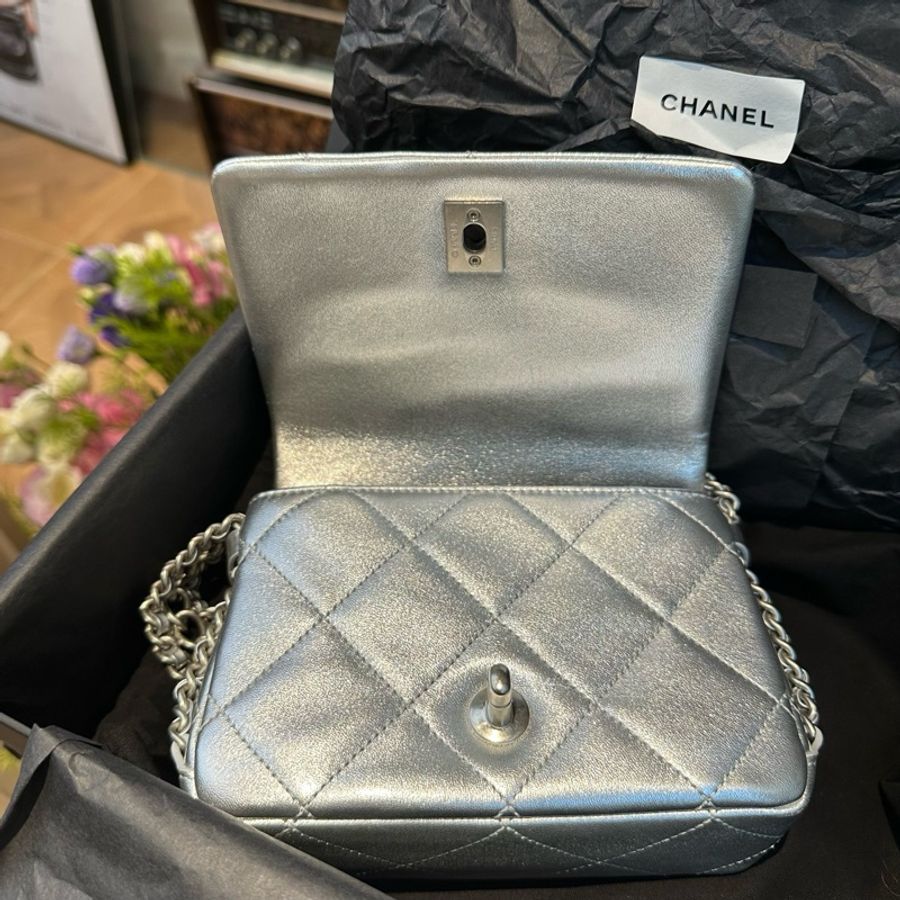 ✨香奈兒/Chanel 22P 銀色瀑布腋下鏈條包單肩包 配件:塵袋-4