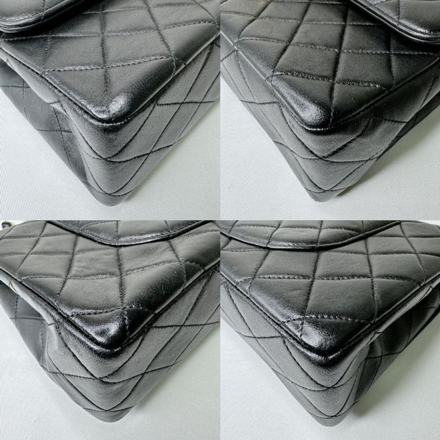 CHANEL Vintage黑金羊皮翻蓋鏈帶包-12