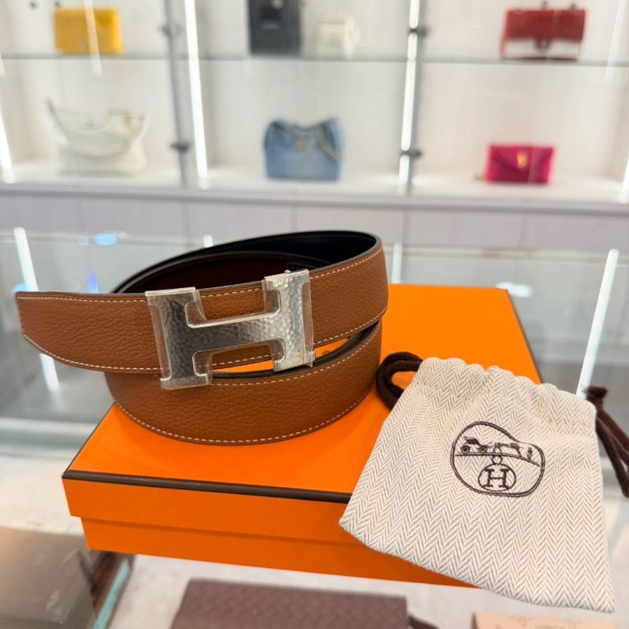 *SHIHNA名牌精品* HERMÉS H銀扣 3.2cm 雙面皮帶 (黑色 Noir x 金棕 Gold ) 90cm-0