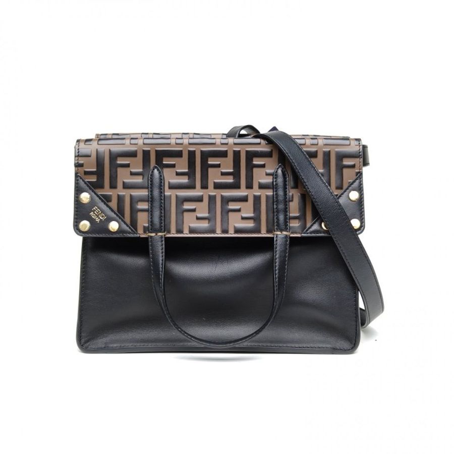 FENDI 黑色牛皮Flip老花logo折疊手提包肩背包-0
