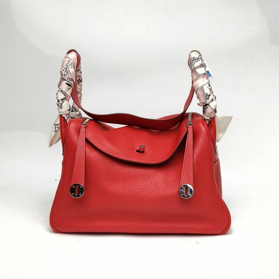 HERMES Lindy34國旗紅TC皮框Q銀扣肩背包-0