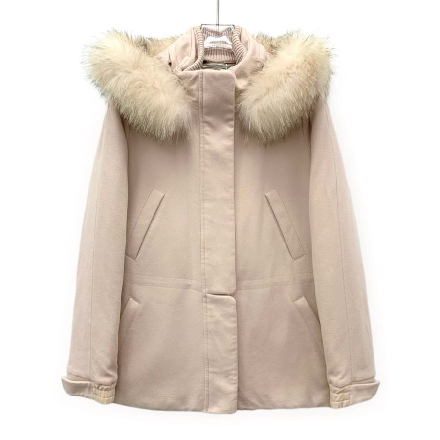 Loro Piana 粉色山羊绒连帽毛领长袖大衣外套 42码-0