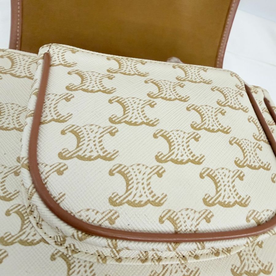 Lisa同款Celine 米白馬鞍包PVC咖牛皮邊金釦Medium folco-33