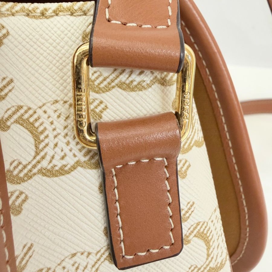 Lisa同款Celine 米白馬鞍包PVC咖牛皮邊金釦Medium folco-36