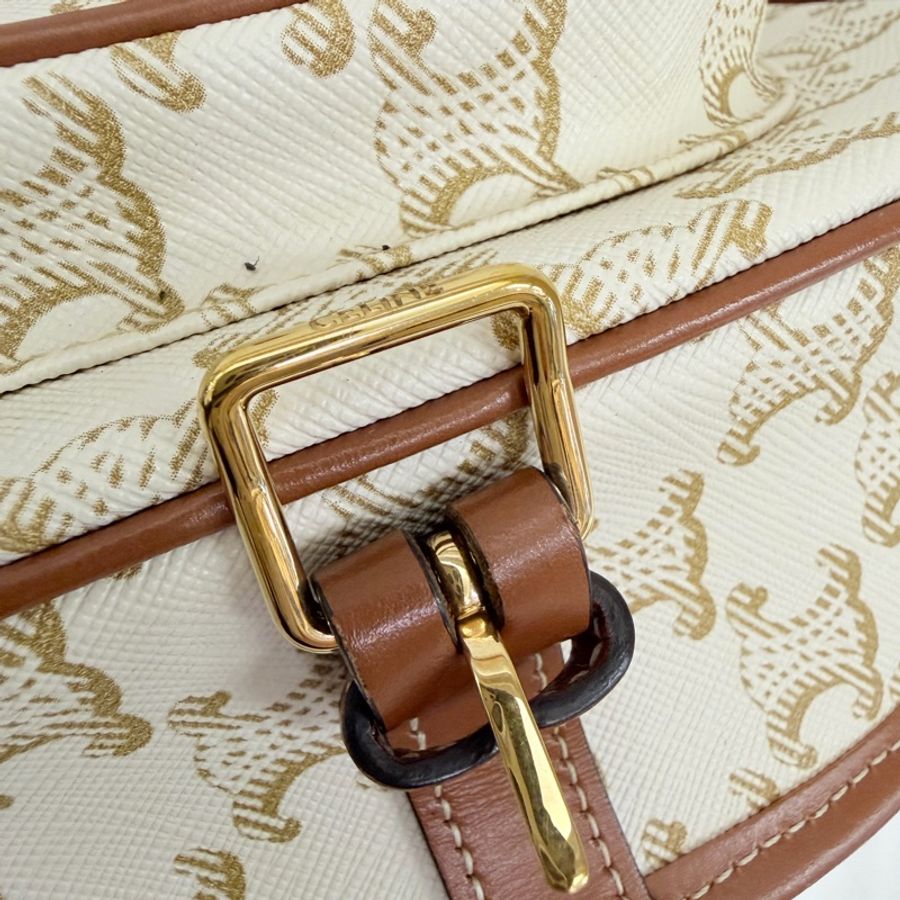 Lisa同款Celine 米白馬鞍包PVC咖牛皮邊金釦Medium folco-62