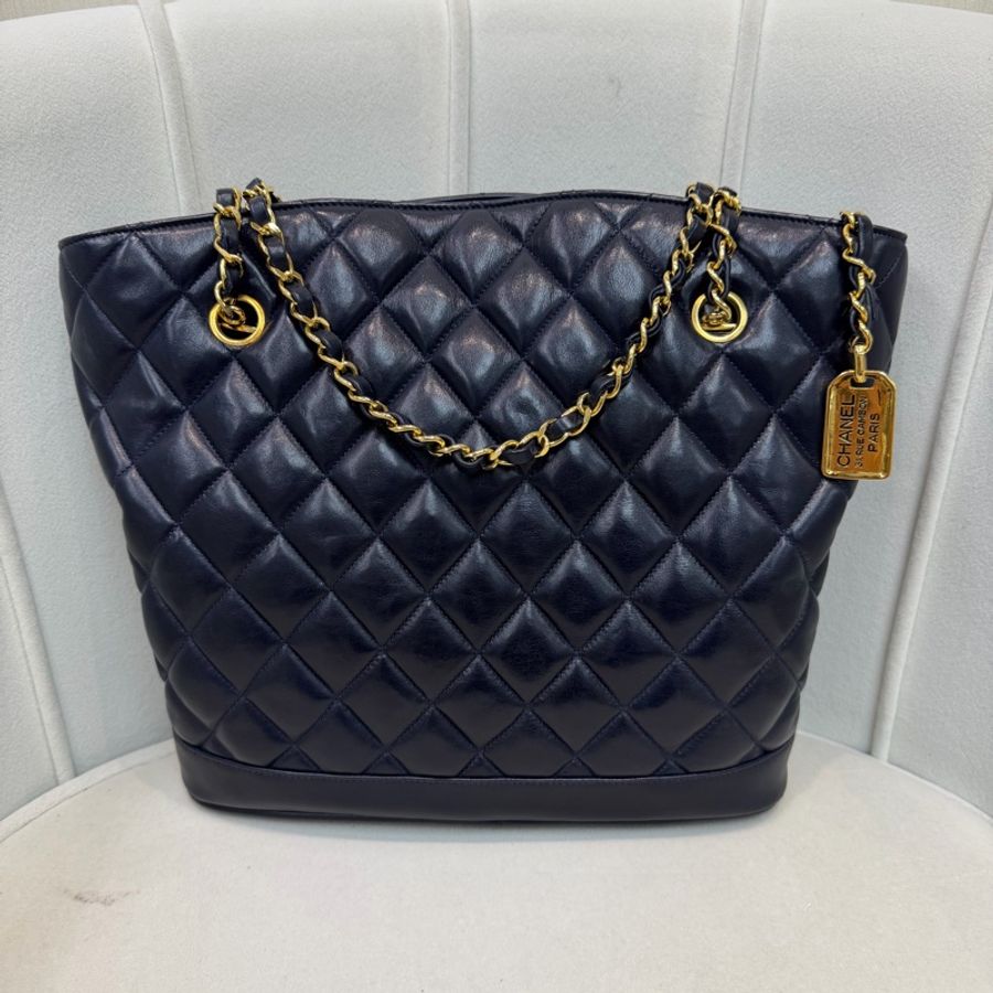 CHANEL 寶藍色中古菱格紋 TOTE BAG XC482-0