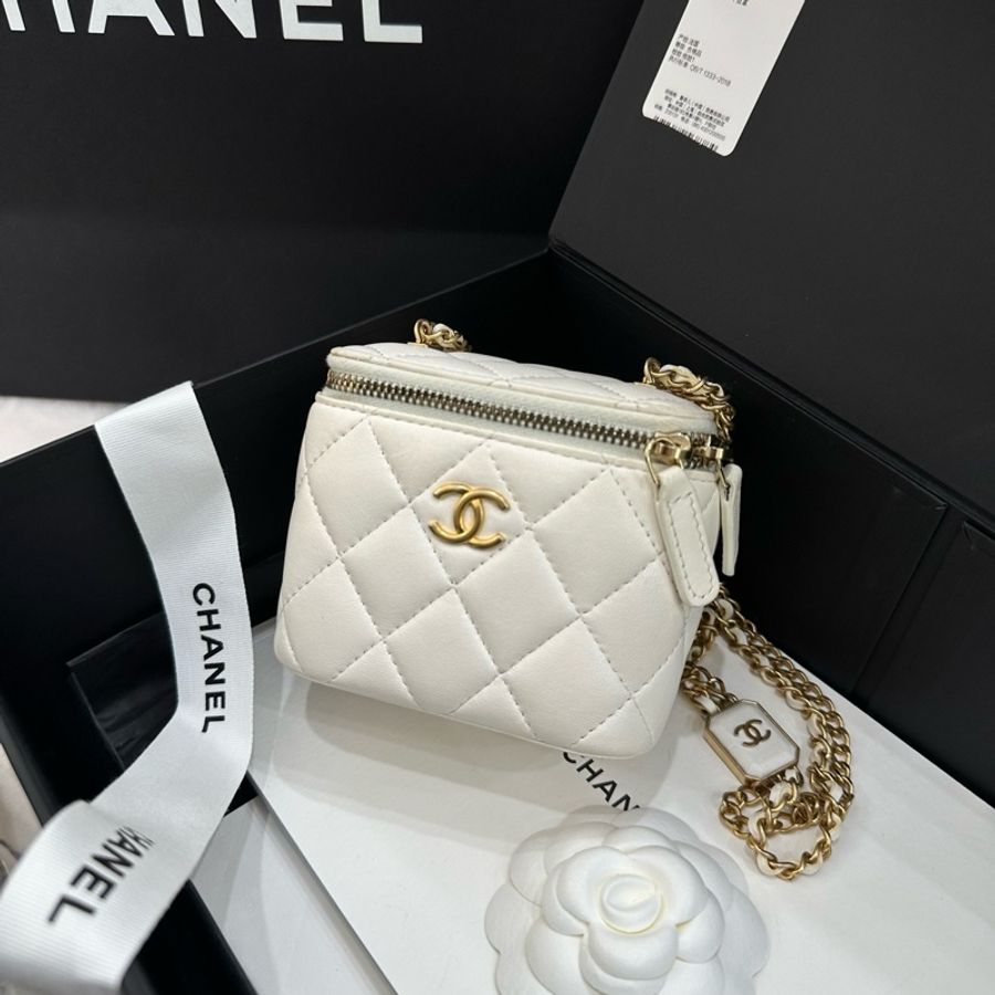 CHANEL香奈兒 22B 方糖化妝盒 自帶小鏡子 白色 小羊皮 22年芯片-2