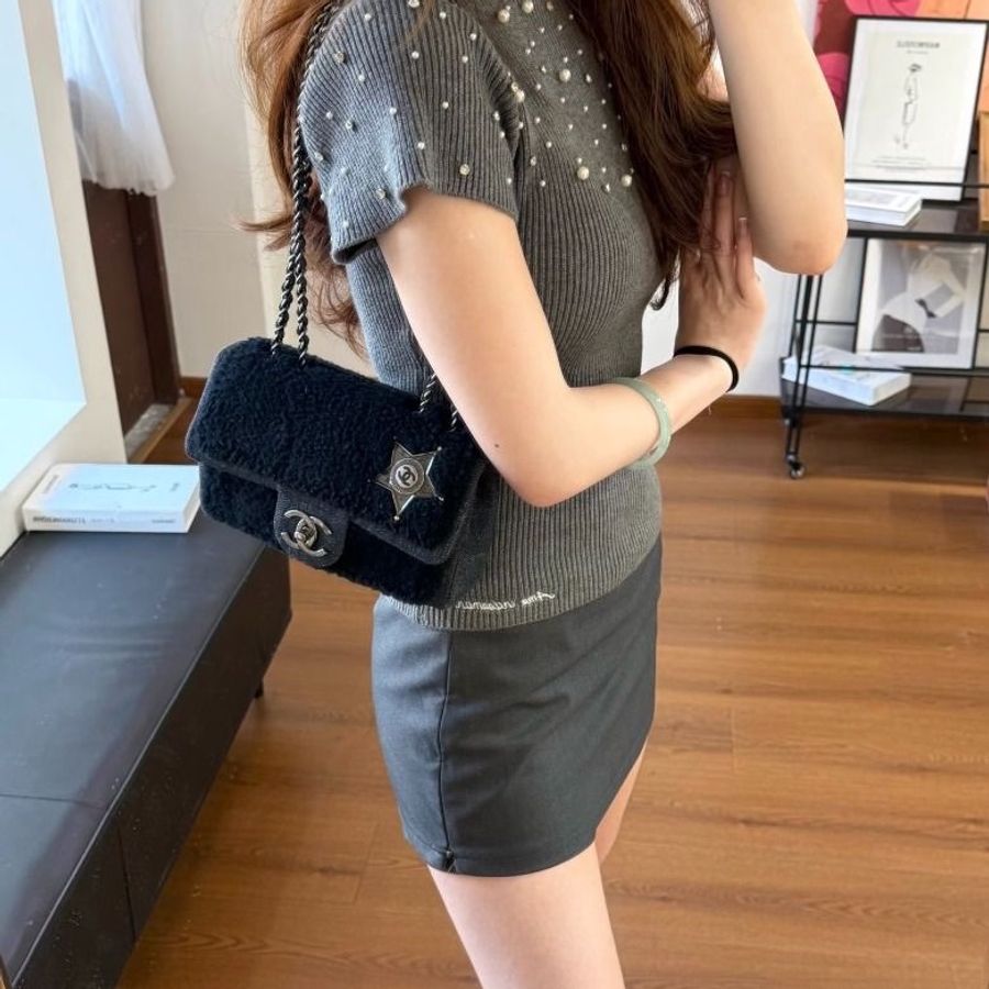 CHANEL Dallas 羊羔毛拼牛仔 CF中號肩背斜背包 25*14*6 9新 配件塵袋-0
