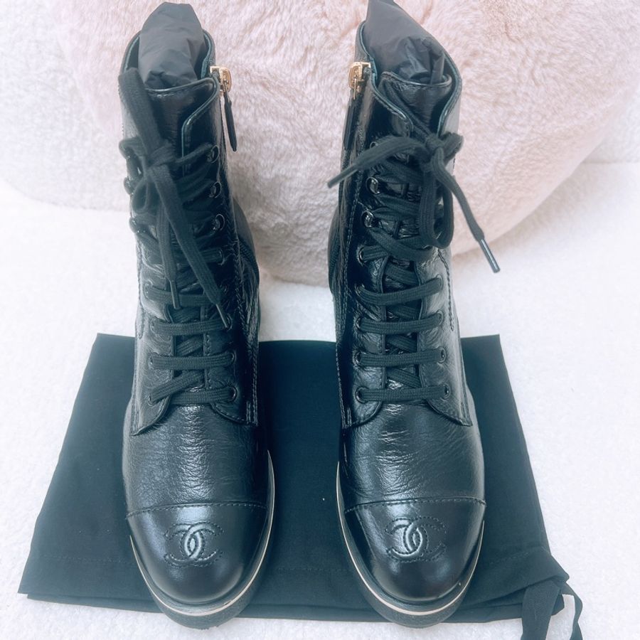 38.5碼 Chanel lace up combat 黑色靴子-1