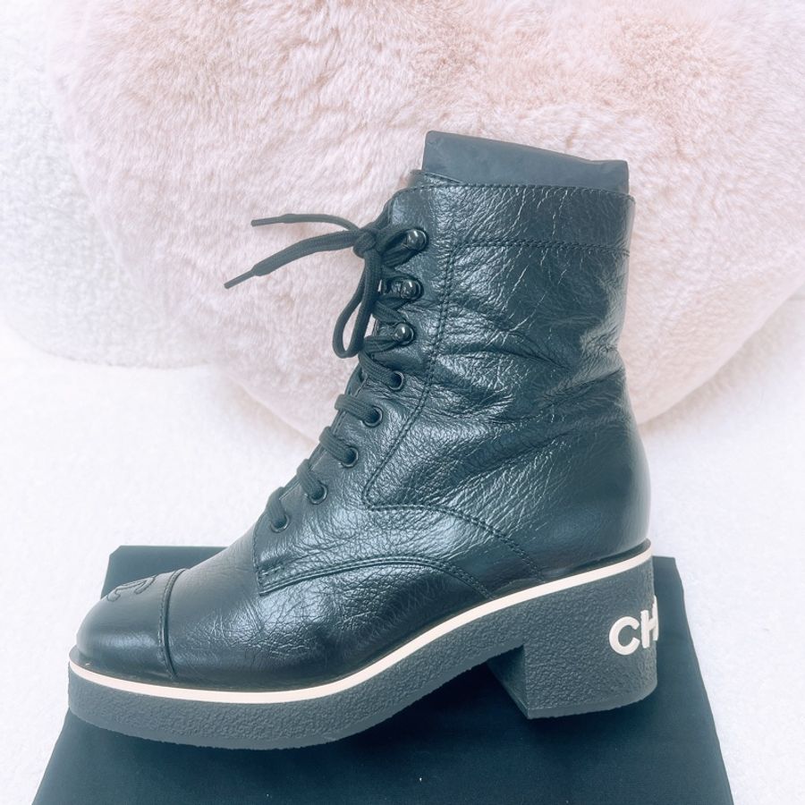 38.5碼 Chanel lace up combat 黑色靴子-4