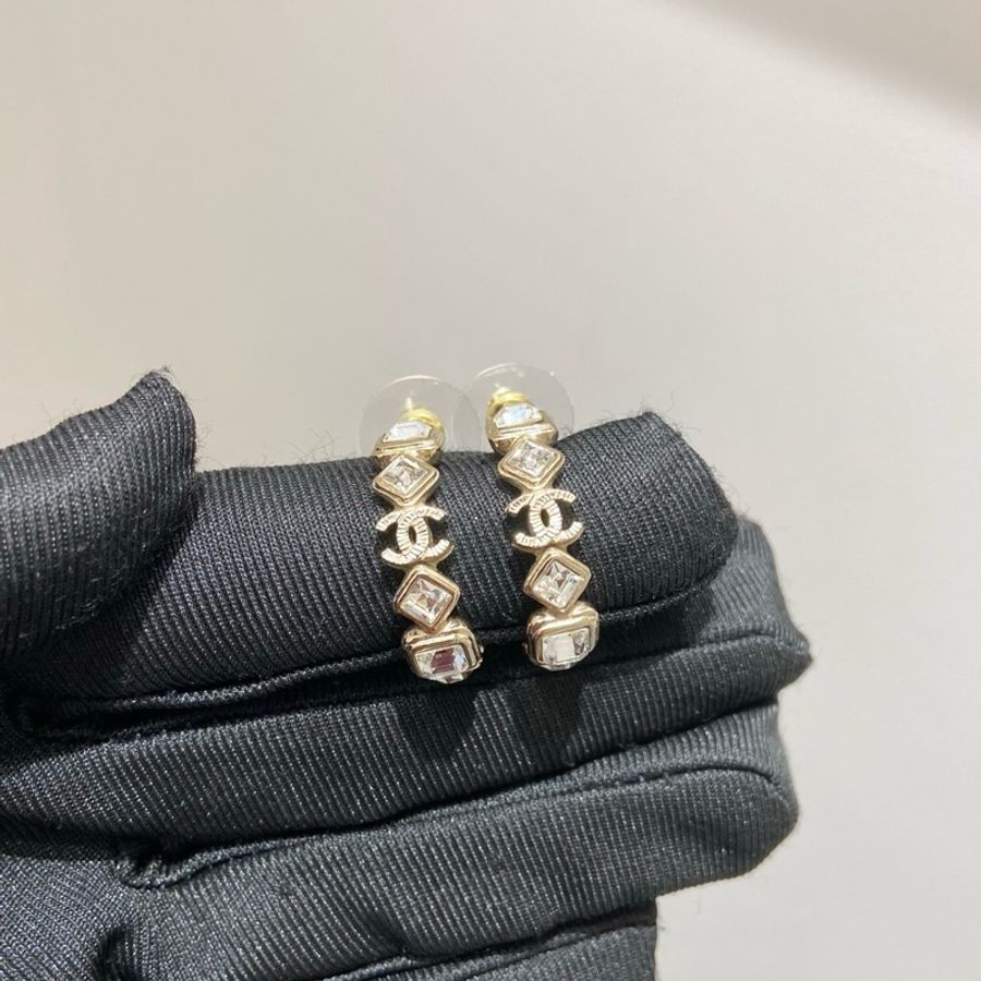 Chanel耳環香奈兒耳環淡金色鑲鑽耳環 99新-0