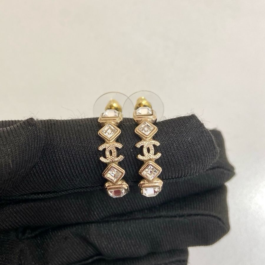 Chanel耳環香奈兒耳環淡金色鑲鑽耳環 99新-1