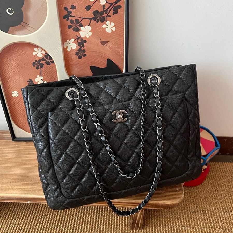 ✨Chanel 黑銀荔枝牛皮 做舊tote 可以放電腦🖤-3