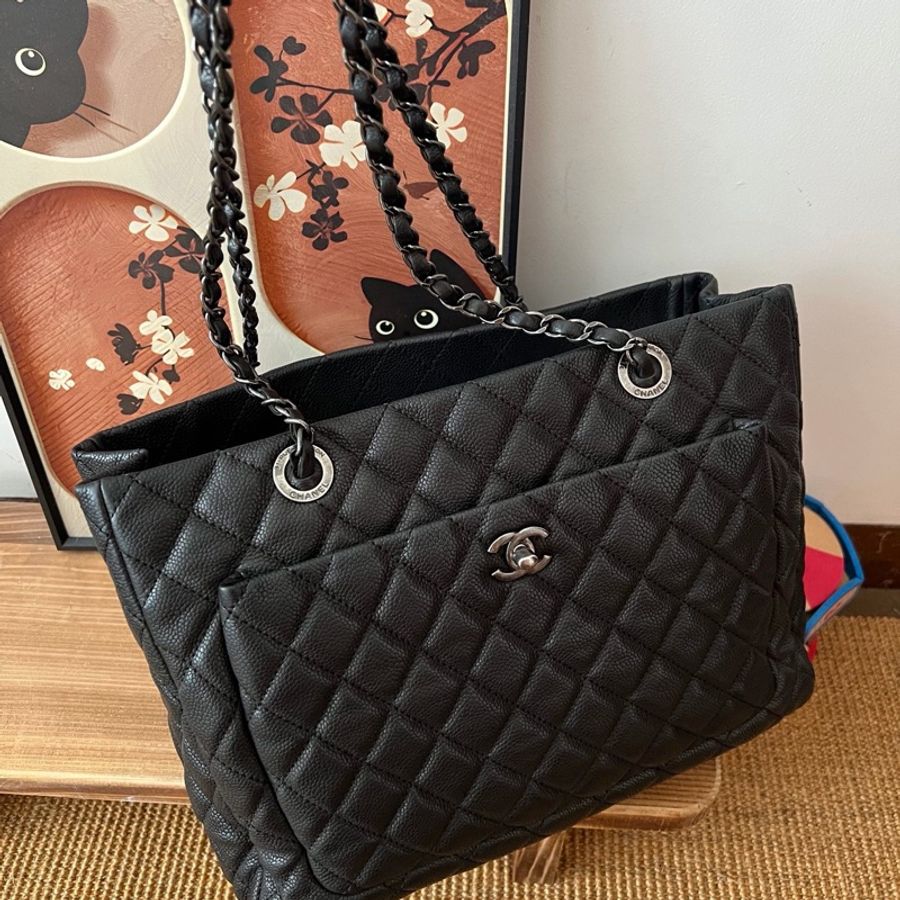 ✨Chanel 黑銀荔枝牛皮 做舊tote 可以放電腦🖤-4