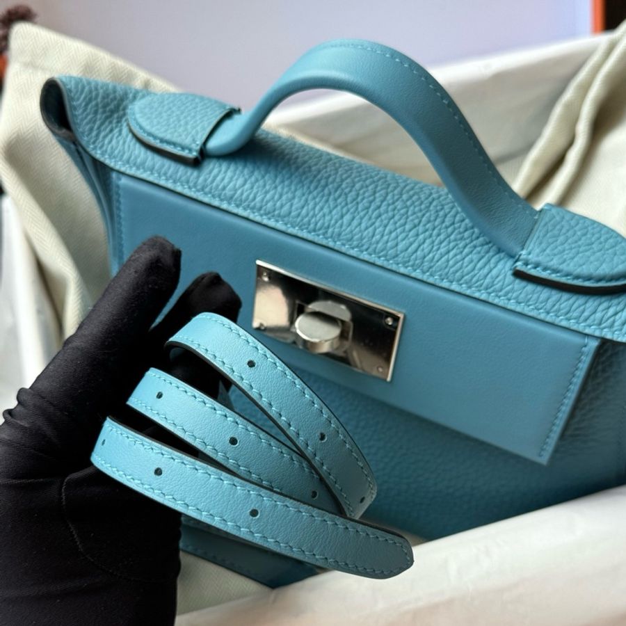 ✨愛馬仕Hermes mini 2424 牛仔藍手提包斜挎包 銀扣 togo皮 k刻配件:毛氈 塵袋 購票 本子-8
