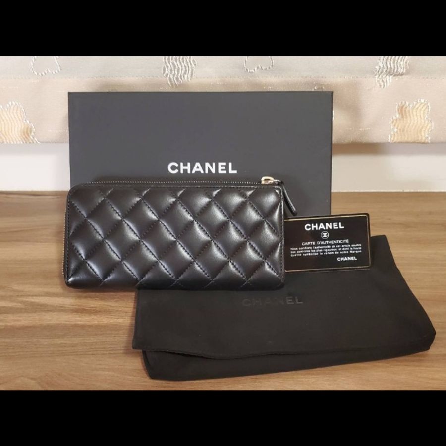Chanel 香奈兒黑金羊皮 L拉鍊長夾 零錢包 名片 卡片 證件 9新-1