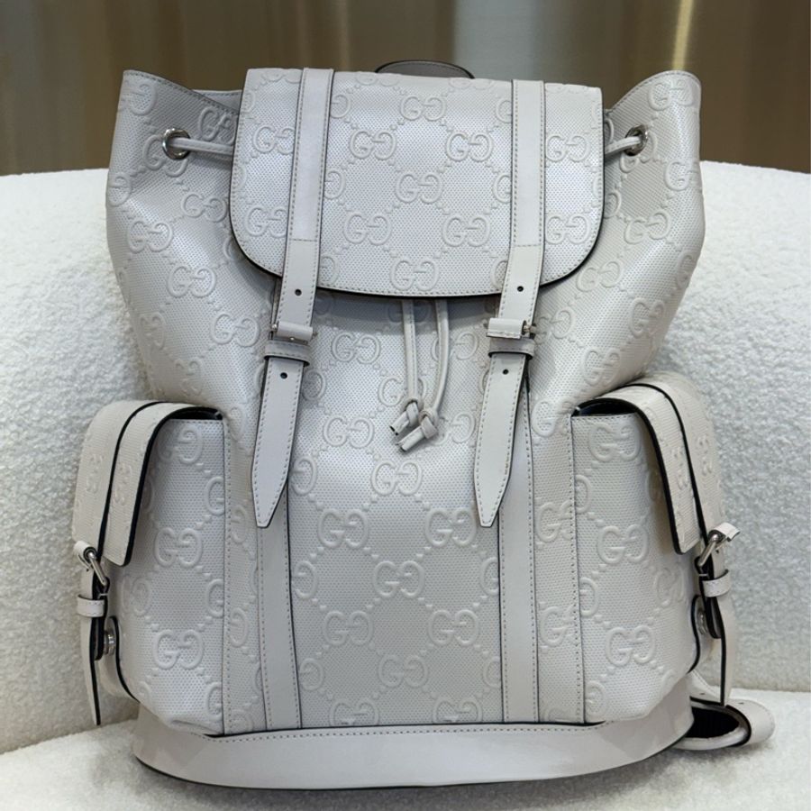 Gucci GG Embossed 白色皮革後背包-0