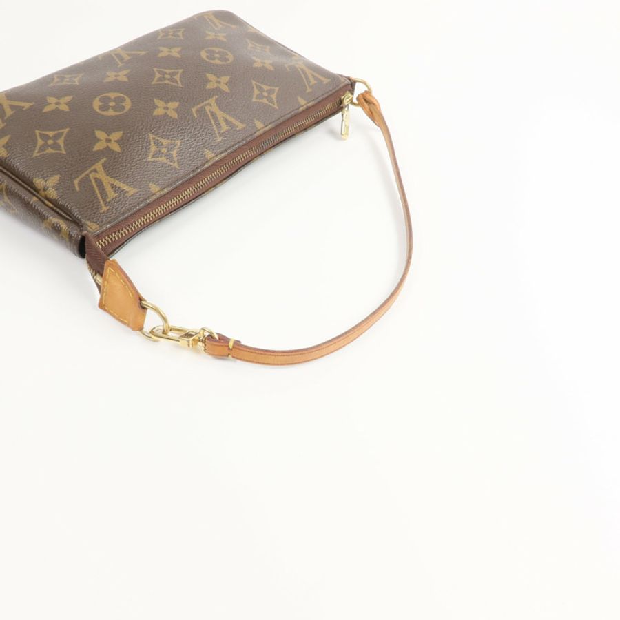LOUIS VUITTON Monogram Pochette Accessoires金扣手挽袋棕色-4