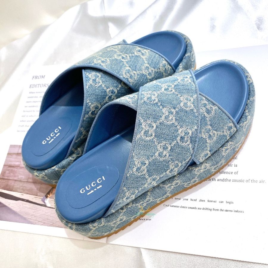 GUCCI【 全新商品 】771560 GG Platform Slide Sandal 牛仔布系列 拖鞋 厚底涼鞋 39號-3