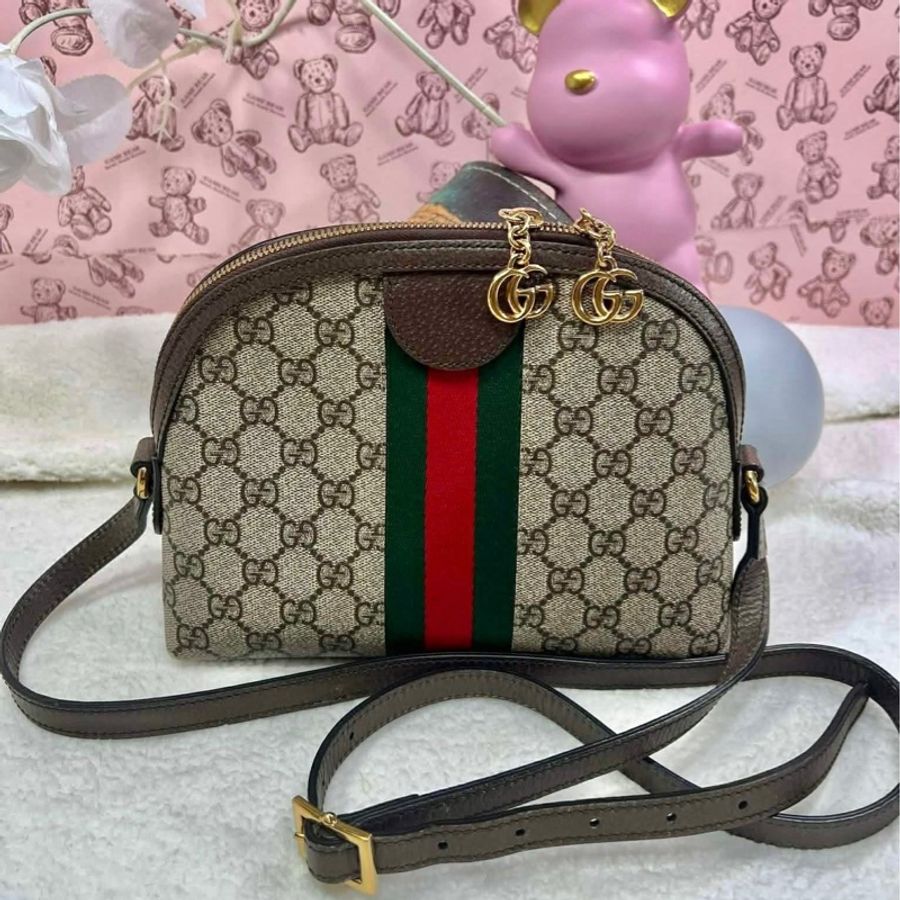 Gucci 經典Ophidia GG Supreme 綠紅綠經典織帶 肩背包 半月包 貝殼包-7