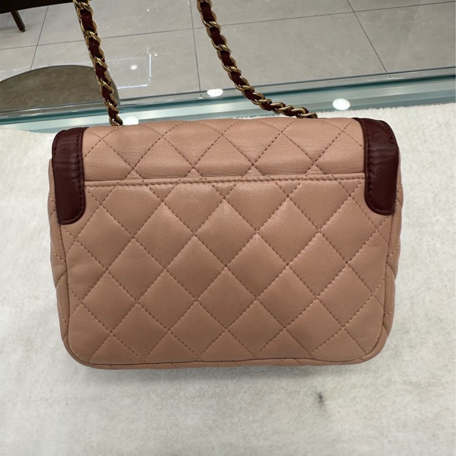 Chanel 香奈兒 17C古巴系列方胖子 粉色拼酒紅色 羊皮 金扣 23開 98新 尺寸 12*18*6 -2