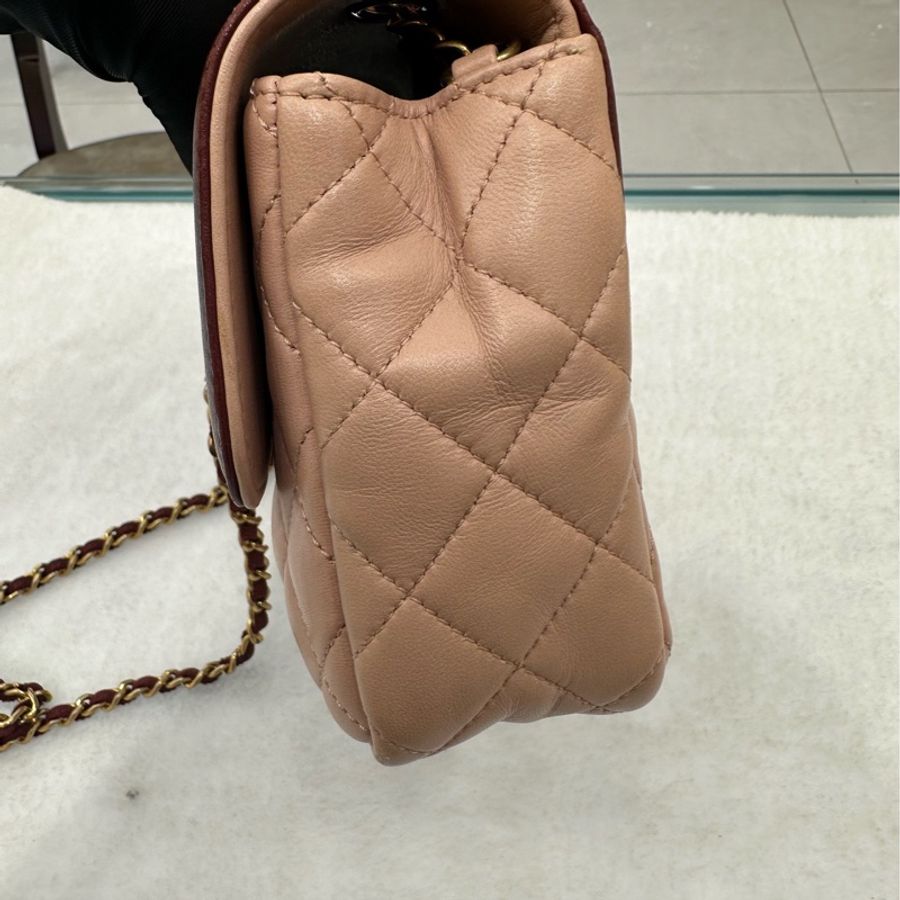 Chanel 香奈兒 17C古巴系列方胖子 粉色拼酒紅色 羊皮 金扣 23開 98新 尺寸 12*18*6 -3