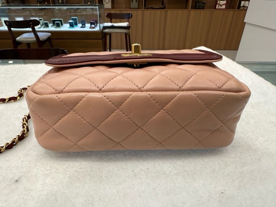 Chanel 香奈兒 17C古巴系列方胖子 粉色拼酒紅色 羊皮 金扣 23開 98新 尺寸 12*18*6 -4