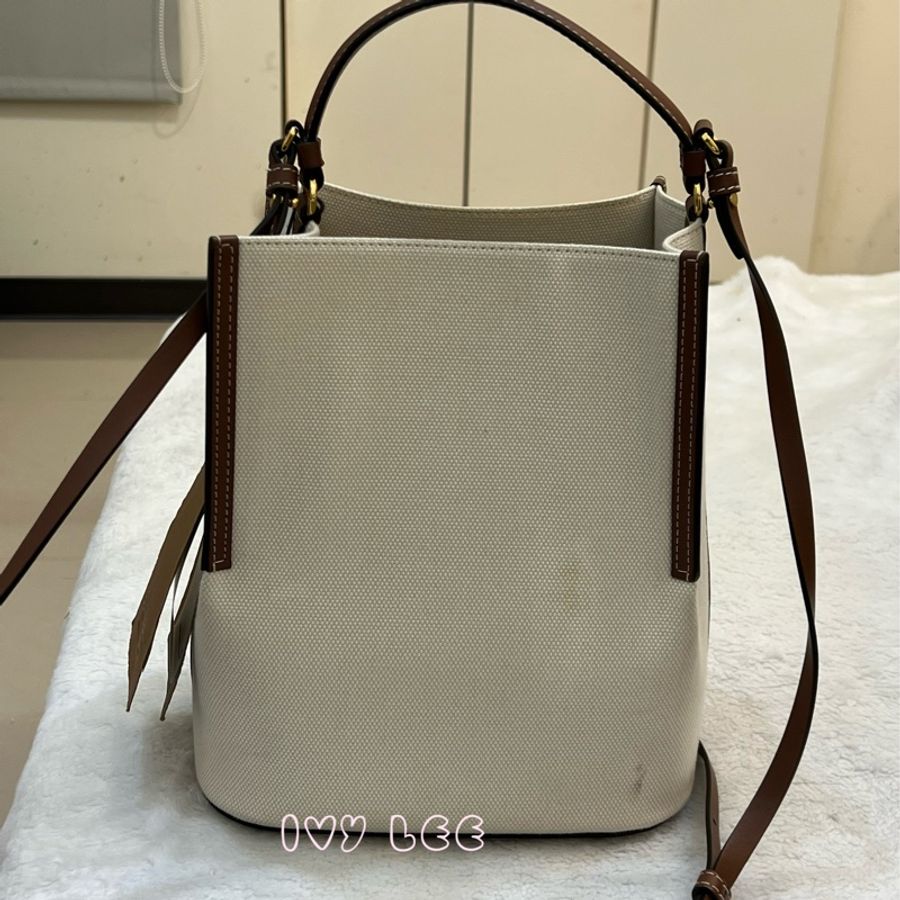 BURBERRY 8026824 棕色皮革水桶包 印花logo 徽標圖案帆布 手提 肩背 正品 二手精品-1