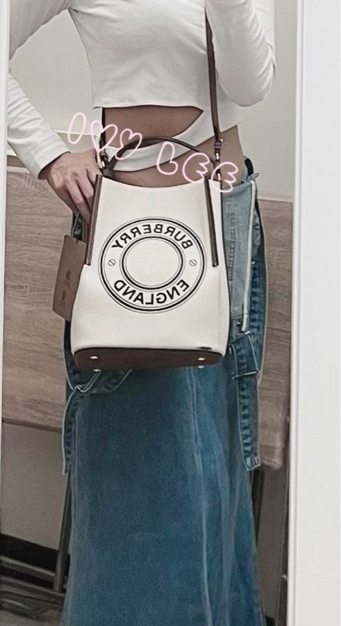 BURBERRY 8026824 棕色皮革水桶包 印花logo 徽標圖案帆布 手提 肩背 正品 二手精品-2