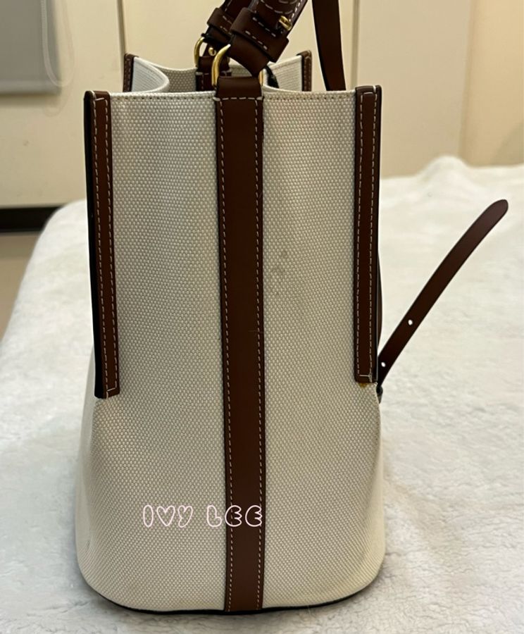 BURBERRY 8026824 棕色皮革水桶包 印花logo 徽標圖案帆布 手提 肩背 正品 二手精品-4
