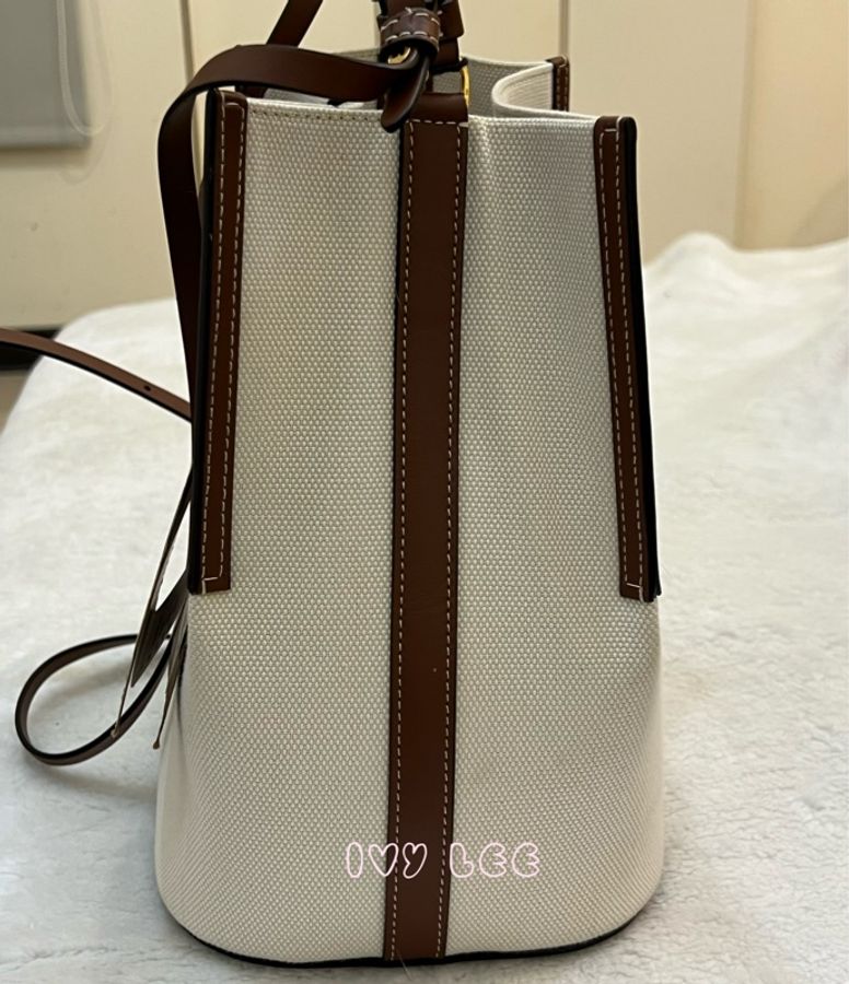 BURBERRY 8026824 棕色皮革水桶包 印花logo 徽標圖案帆布 手提 肩背 正品 二手精品-5