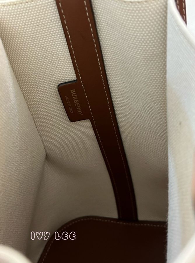 BURBERRY 8026824 棕色皮革水桶包 印花logo 徽標圖案帆布 手提 肩背 正品 二手精品-9