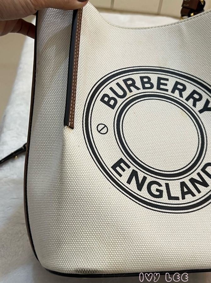 BURBERRY 8026824 棕色皮革水桶包 印花logo 徽標圖案帆布 手提 肩背 正品 二手精品-21