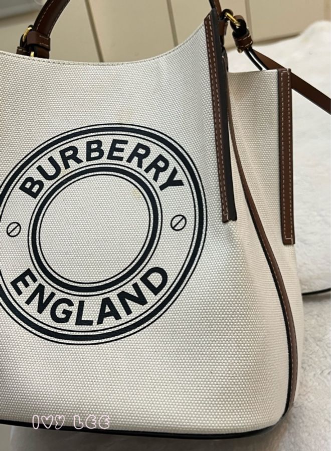 BURBERRY 8026824 棕色皮革水桶包 印花logo 徽標圖案帆布 手提 肩背 正品 二手精品-22