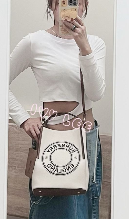 BURBERRY 8026824 棕色皮革水桶包 印花logo 徽標圖案帆布 手提 肩背 正品 二手精品-23
