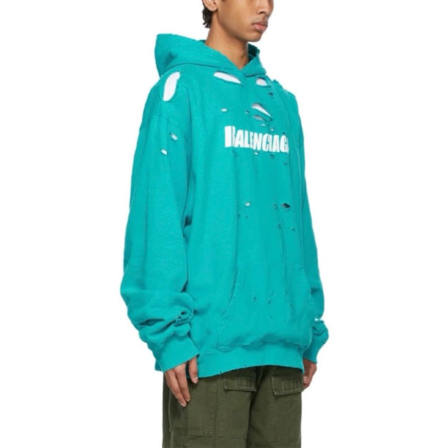 【99%New】Balenciaga 巴黎世家 連帽衛衣 帽衫 Fleece hoodie XS碼 破壞logo 做舊 雙層 精梳棉 湖水藍-0