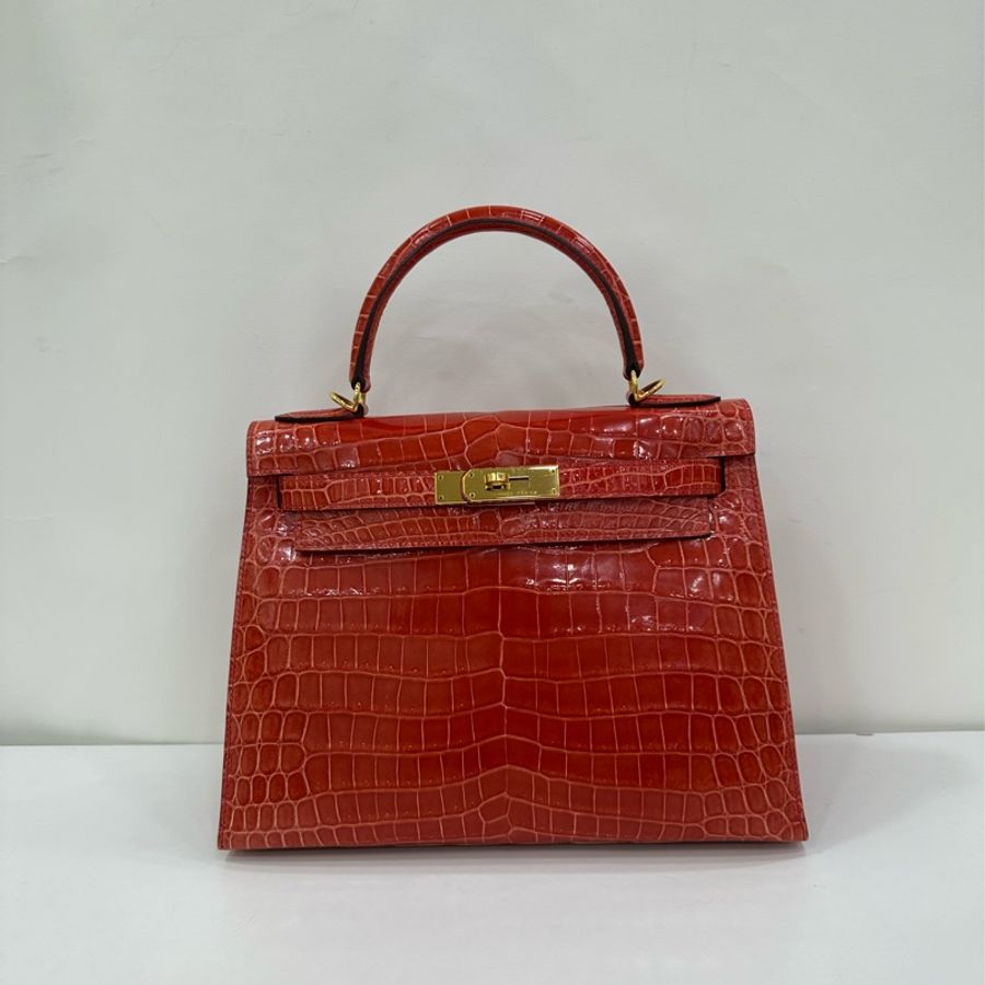 Hermes 愛馬仕 kelly28 天竺葵紅金扣 亮面鱷魚皮 R刻 有購證有證書-1
