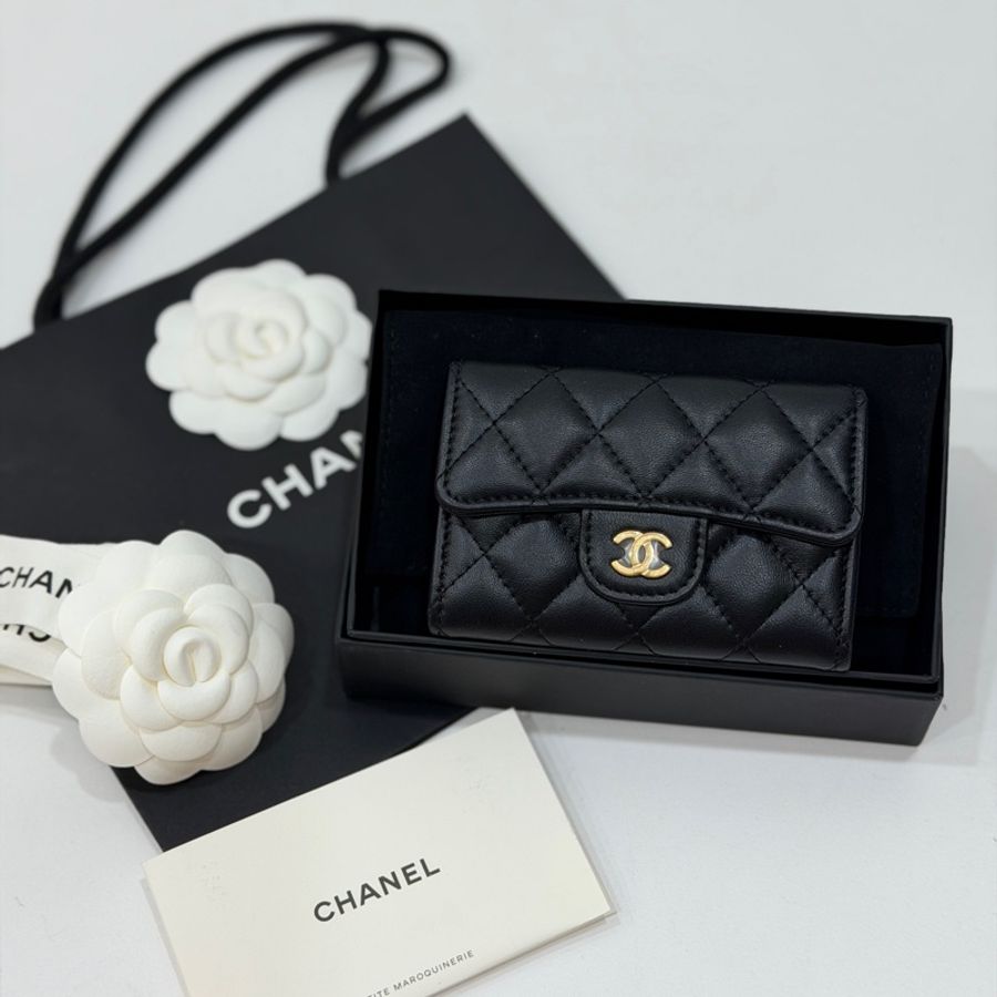 《仙闆名牌精品》chanel 香奈兒 雙C 菱格紋 羊皮 翻蓋 釦式 黑金 卡夾 卡包 零錢包 錢包 皮夾 短夾-11