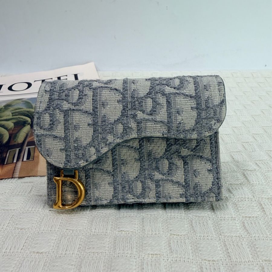 Dior SaddleBloom 灰緹花布金釦零錢包-0