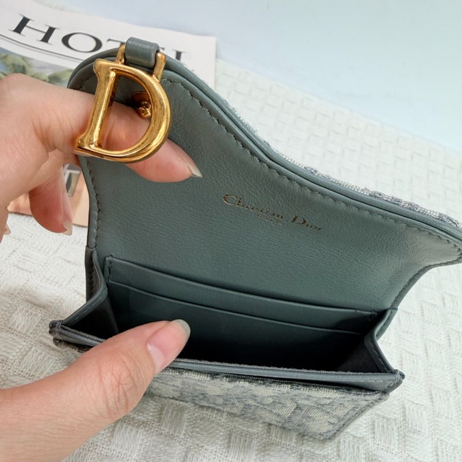 Dior SaddleBloom 灰緹花布金釦零錢包-6